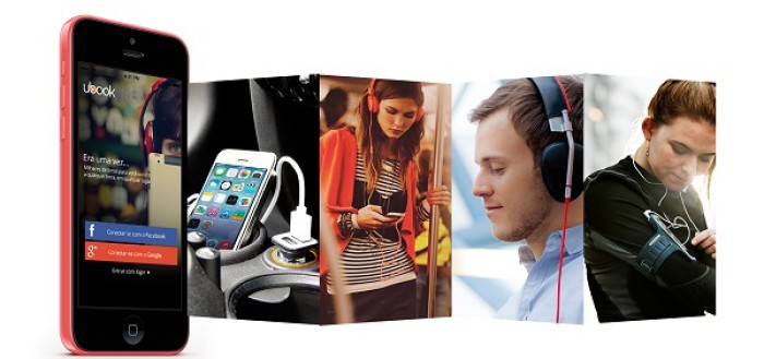 A imagem mostra um celular, uma moça utilizando o celular, um rapaz com fone no ouvido e uma moça com o celular