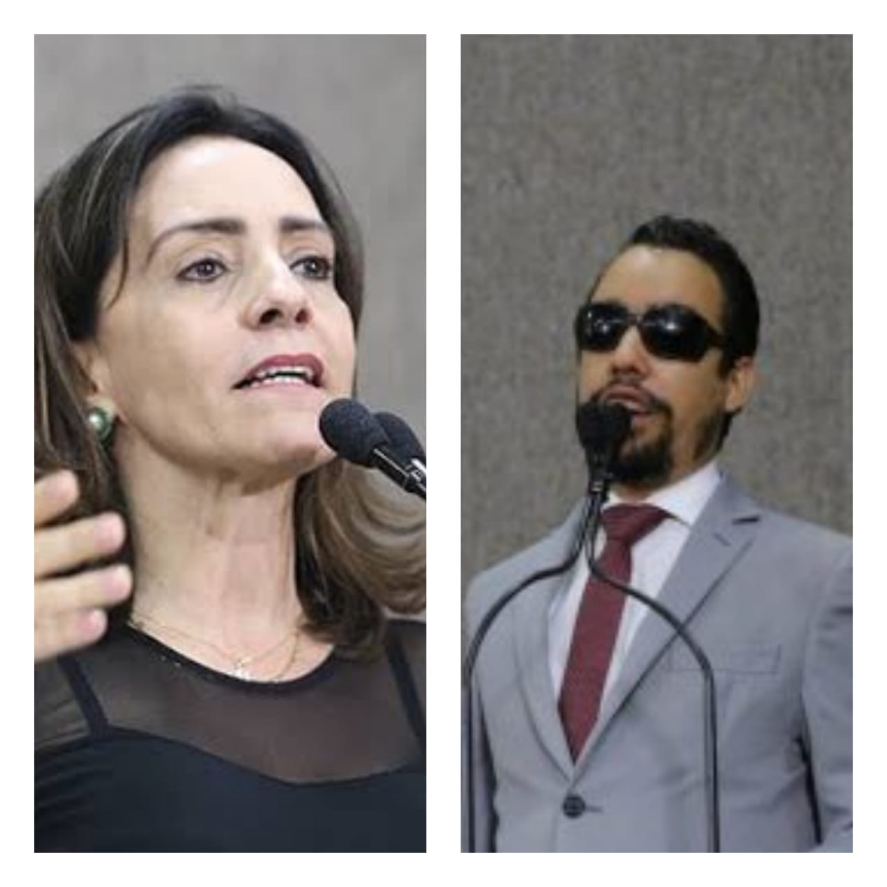 #PraTodoMundoVer: A imagem mostra duas fotos sendo uma da vereadora Emília Corrêa e a outra do vereador Lucas Aribé ambos na tribuna da Câmara 