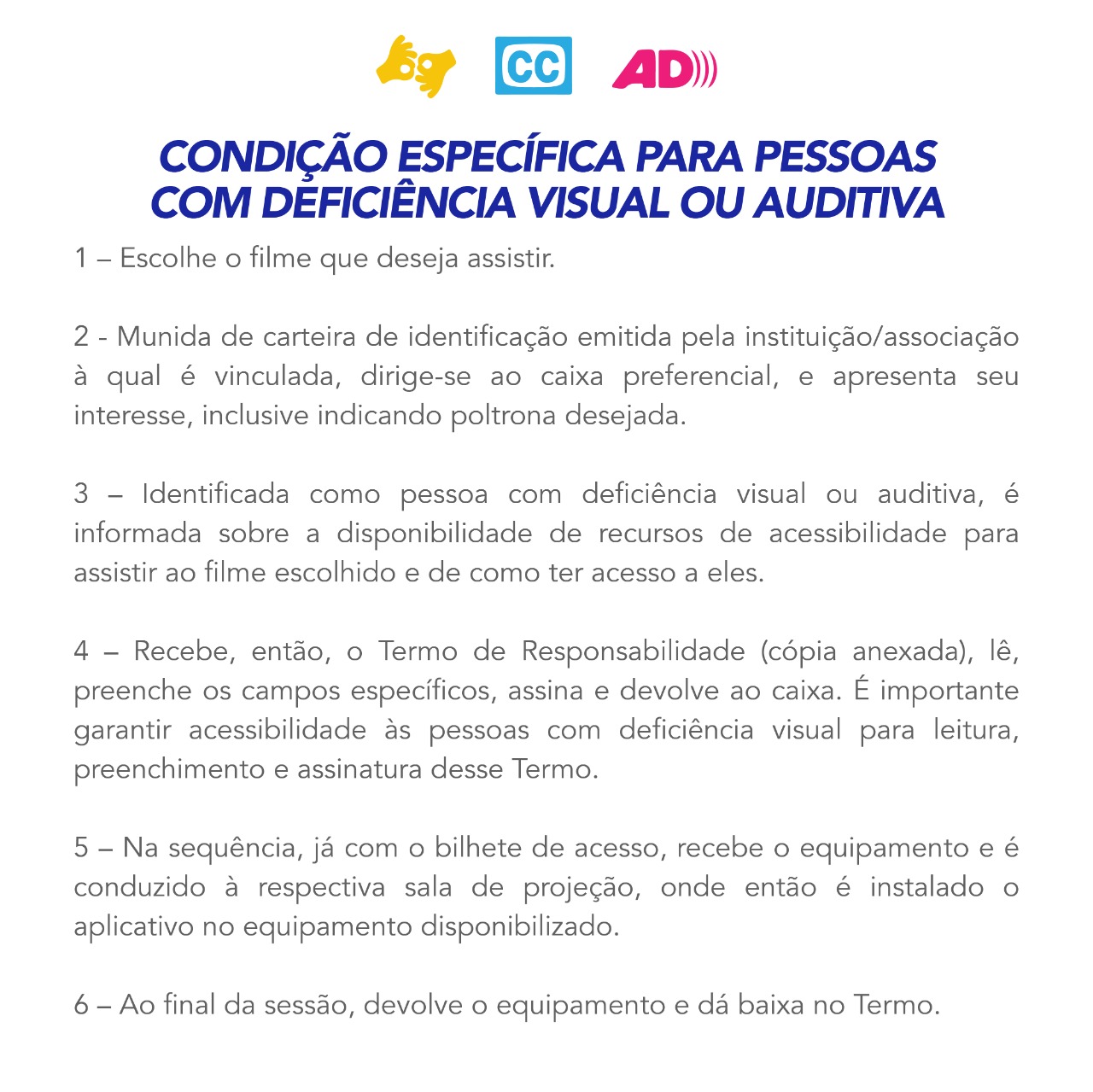 #PraTodoMundo Imagem com texto explicando condições específicas para pessoas com deficiência visual ou auditiva